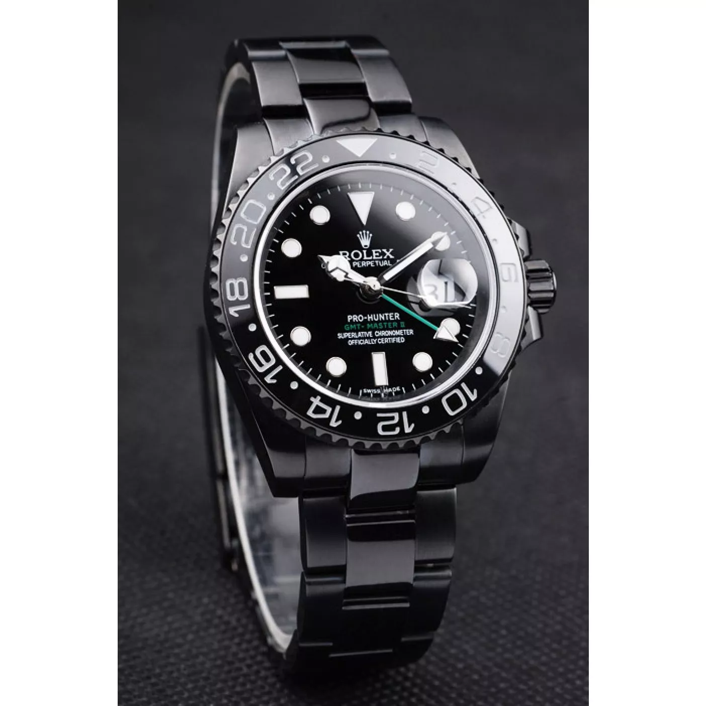 Rep Rolex Swiss GMT Master II Pro-Hunter Black Steel Strap Black Dial 0115