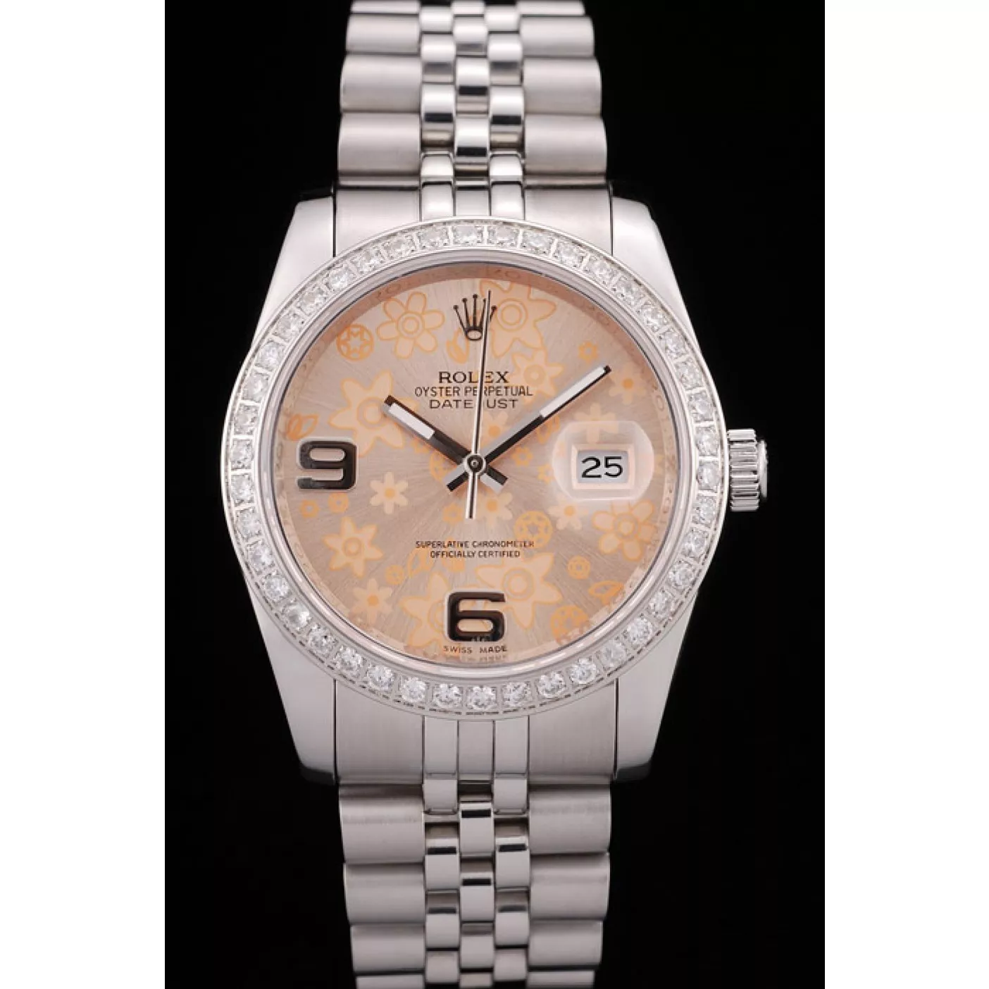 Affordable Rolex DateJust Brushed Stainless Steel Case Orange Flowers Dial Diamonds Plated 0115