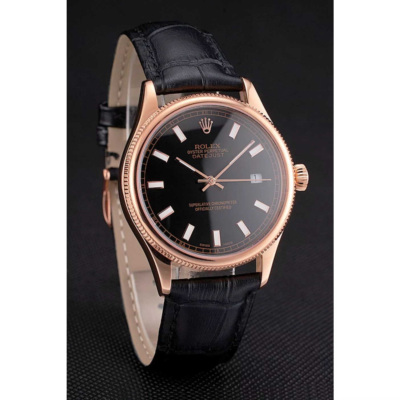 Affordable Swiss Rolex Datejust Black Dial Rose Gold Case Black Leather Strap 0115