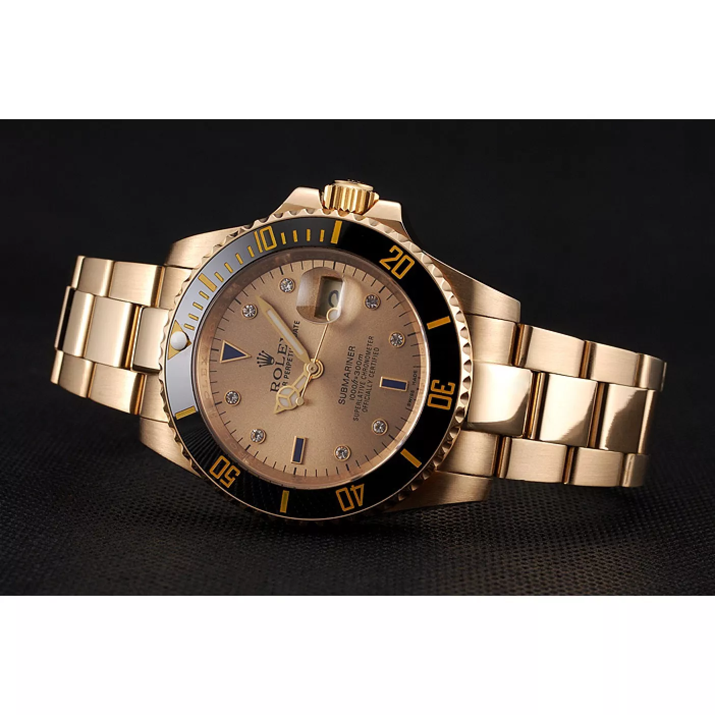 Cheap Swiss Rolex Submariner Gold Dial With Diamond Markings Black Bezel Yellow Gold Case And Bracelet 0115