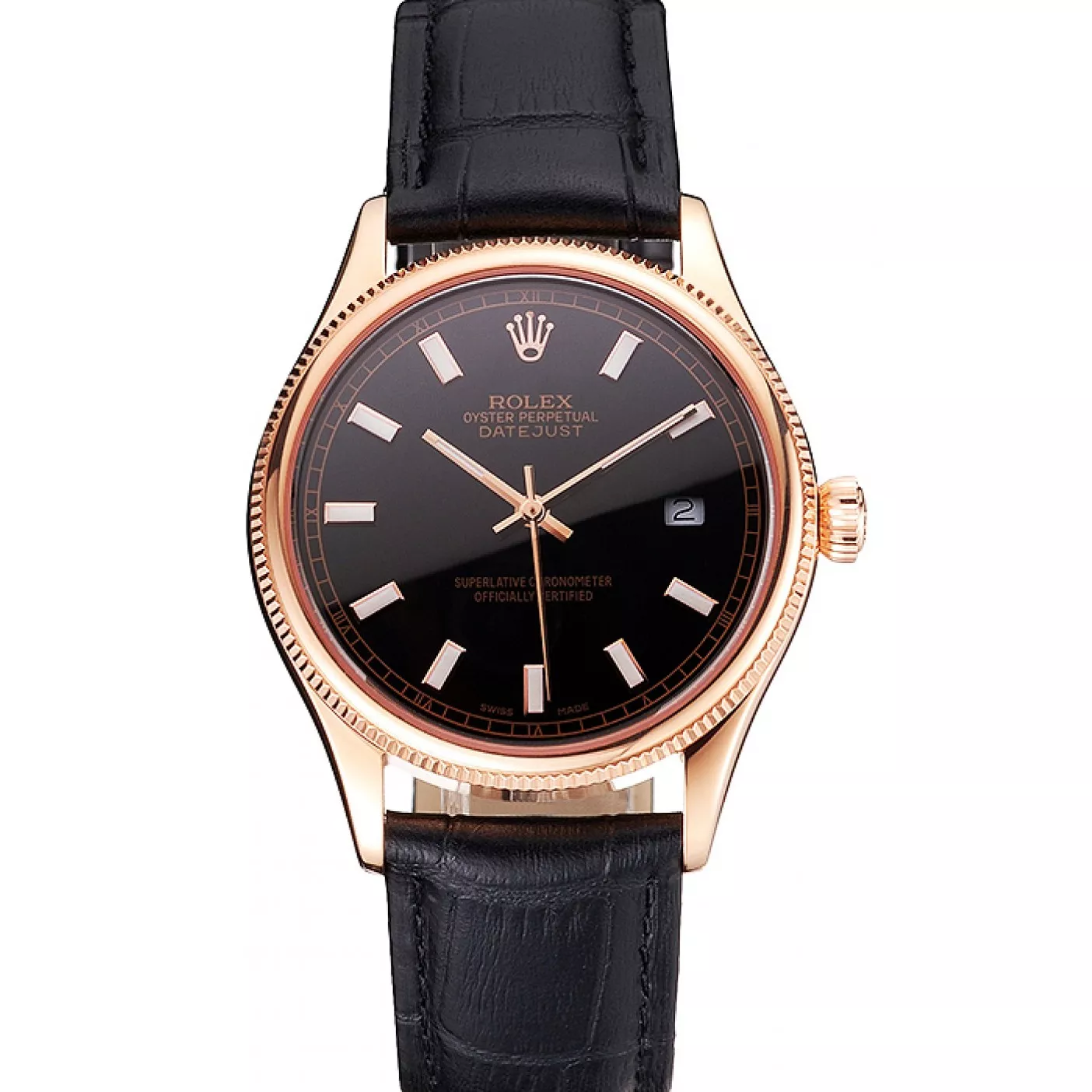 Swiss Rolex Datejust Black Dial Rose Gold Case Black Leather Strap 0115