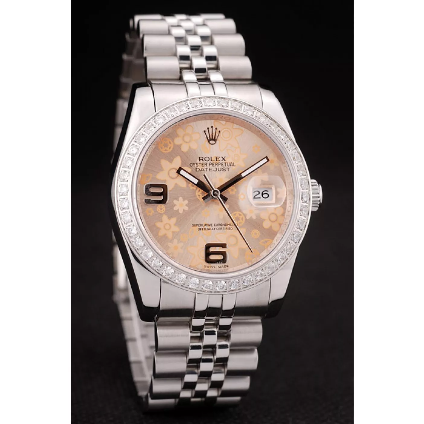 Affordable Rolex DateJust Brushed Stainless Steel Case Orange Flowers Dial Diamonds Plated 0115