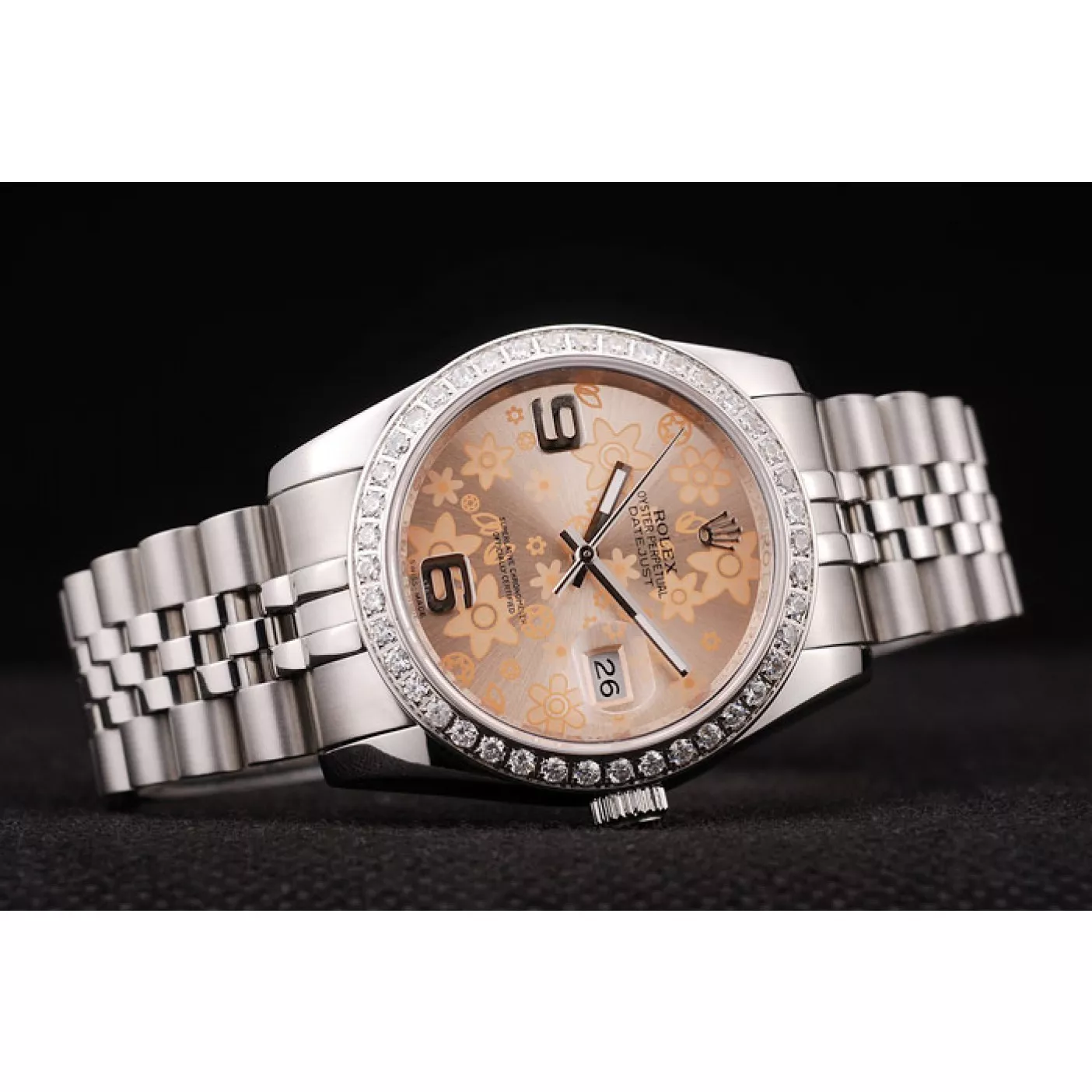 Affordable Rolex DateJust Brushed Stainless Steel Case Orange Flowers Dial Diamonds Plated 0115