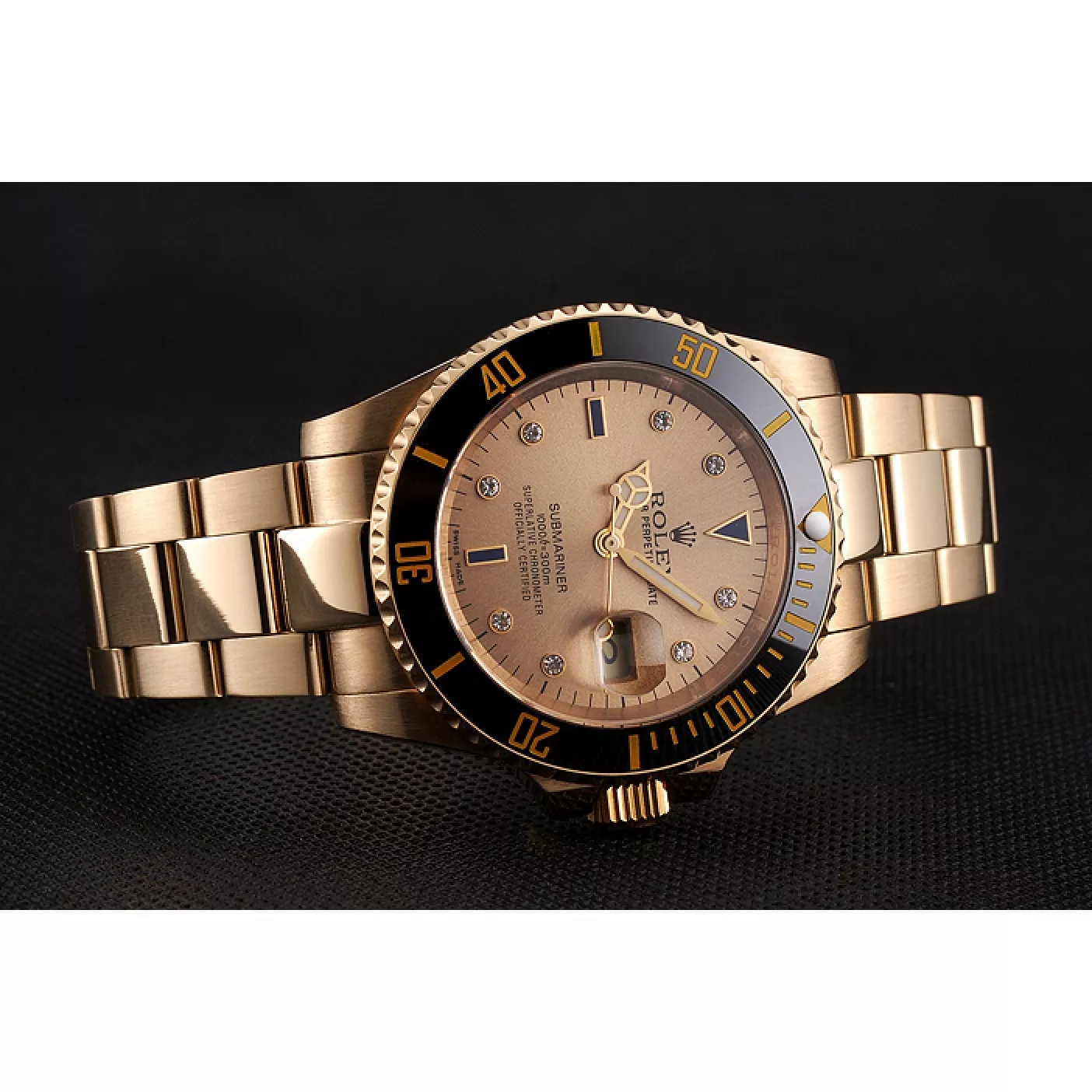 Cheap Swiss Rolex Submariner Gold Dial With Diamond Markings Black Bezel Yellow Gold Case And Bracelet 0115