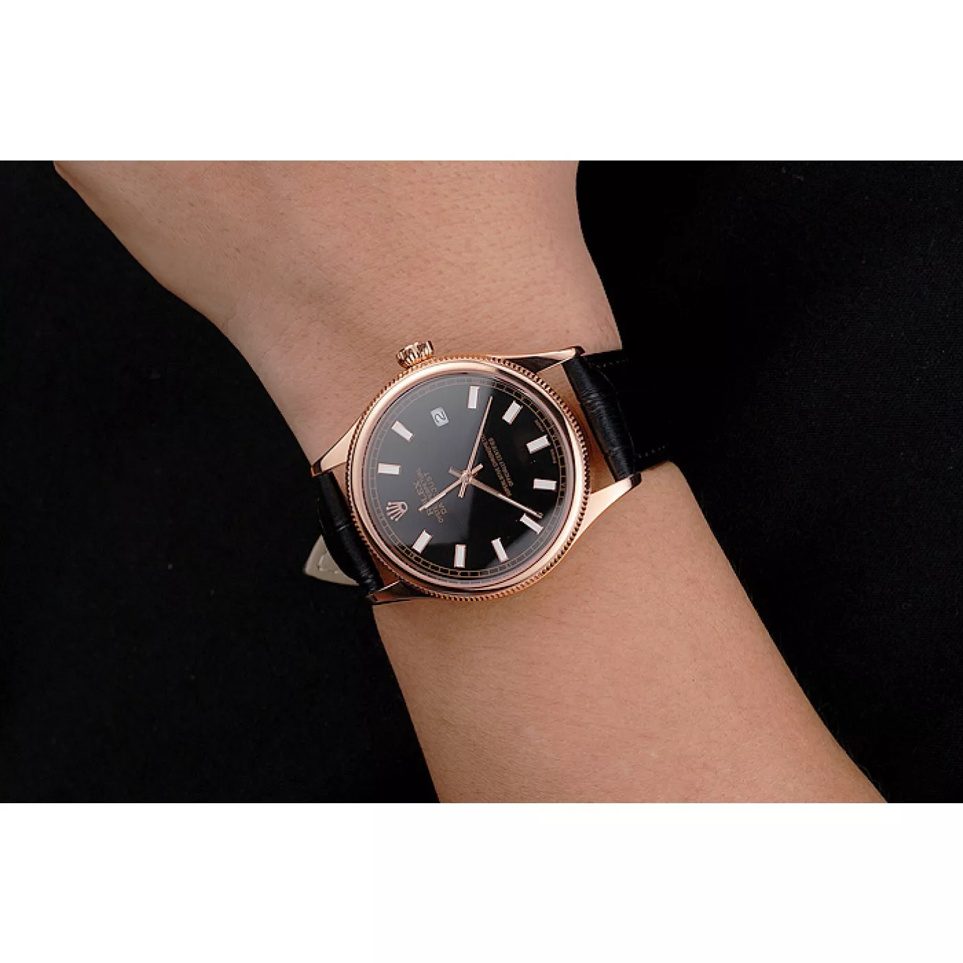 Affordable Swiss Rolex Datejust Black Dial Rose Gold Case Black Leather Strap 0115