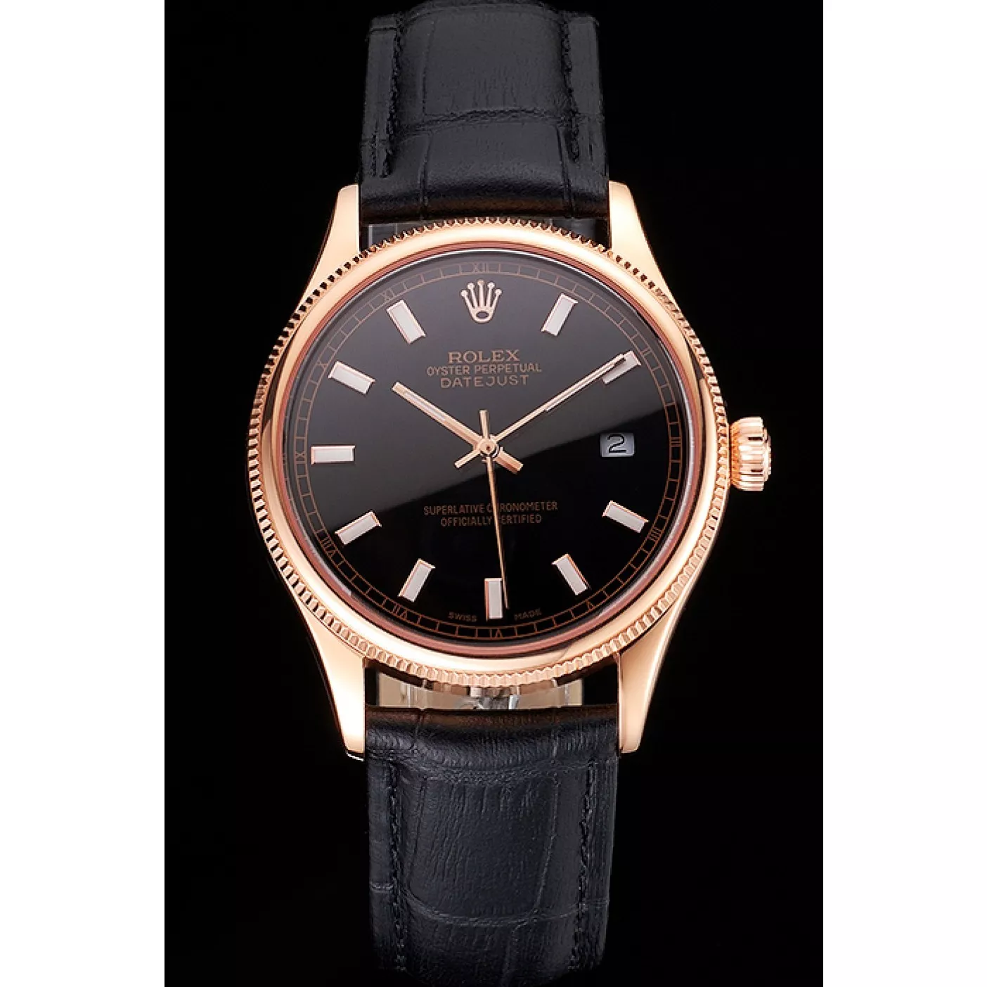 Affordable Swiss Rolex Datejust Black Dial Rose Gold Case Black Leather Strap 0115