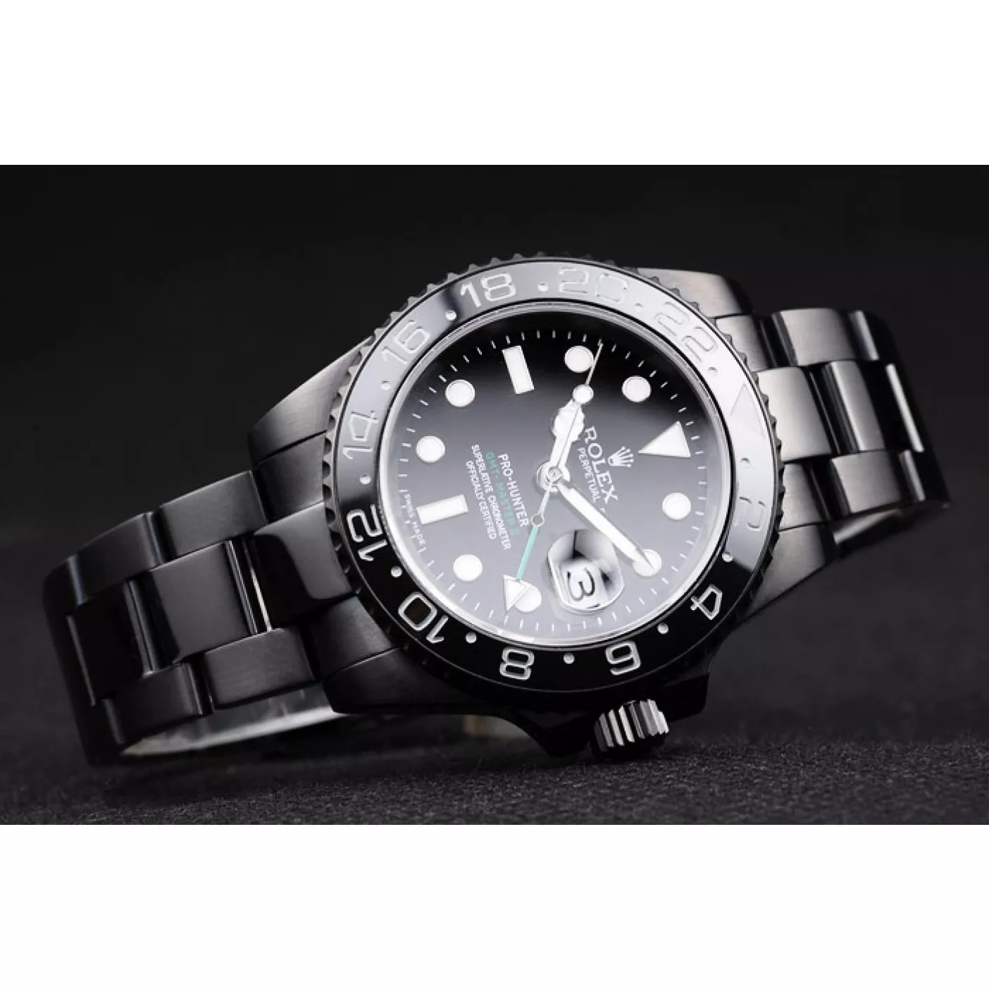 Rep Rolex Swiss GMT Master II Pro-Hunter Black Steel Strap Black Dial 0115