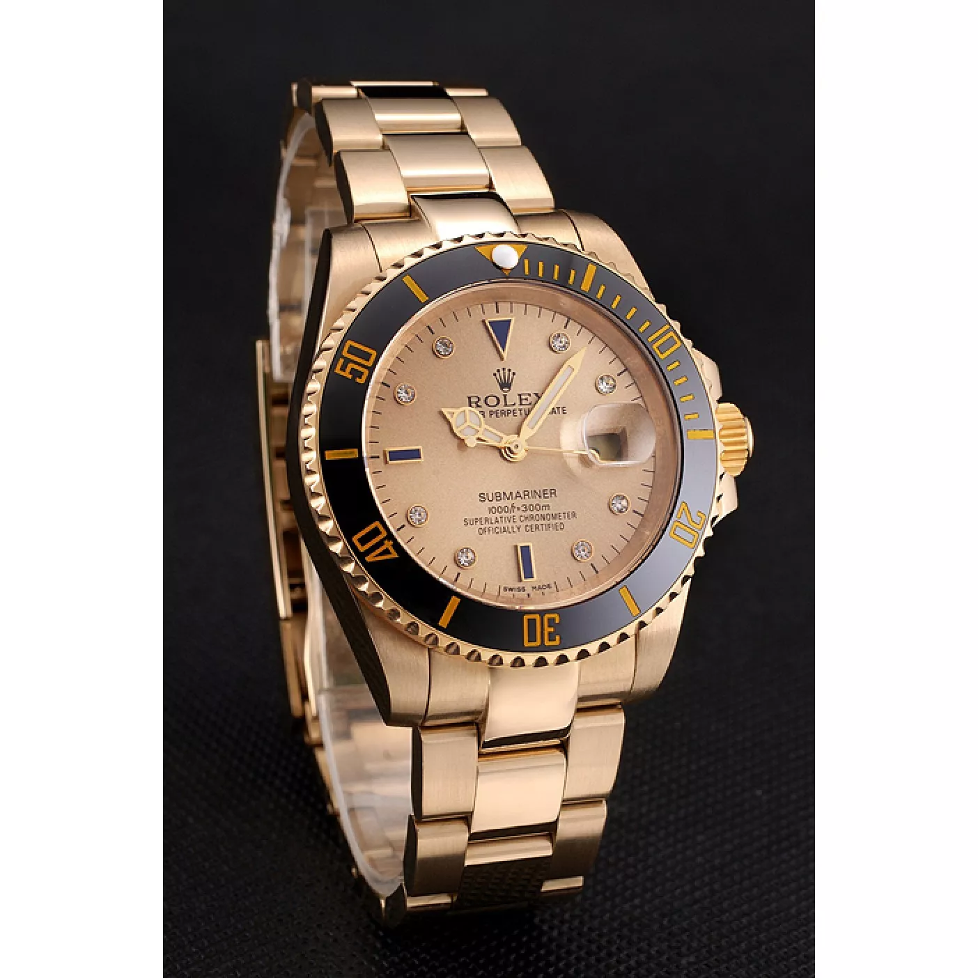 Cheap Swiss Rolex Submariner Gold Dial With Diamond Markings Black Bezel Yellow Gold Case And Bracelet 0115