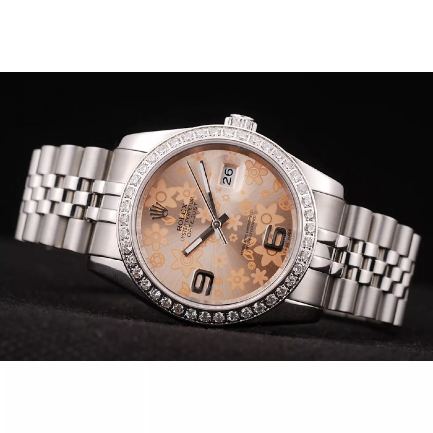 Affordable Rolex DateJust Brushed Stainless Steel Case Orange Flowers Dial Diamonds Plated 0115