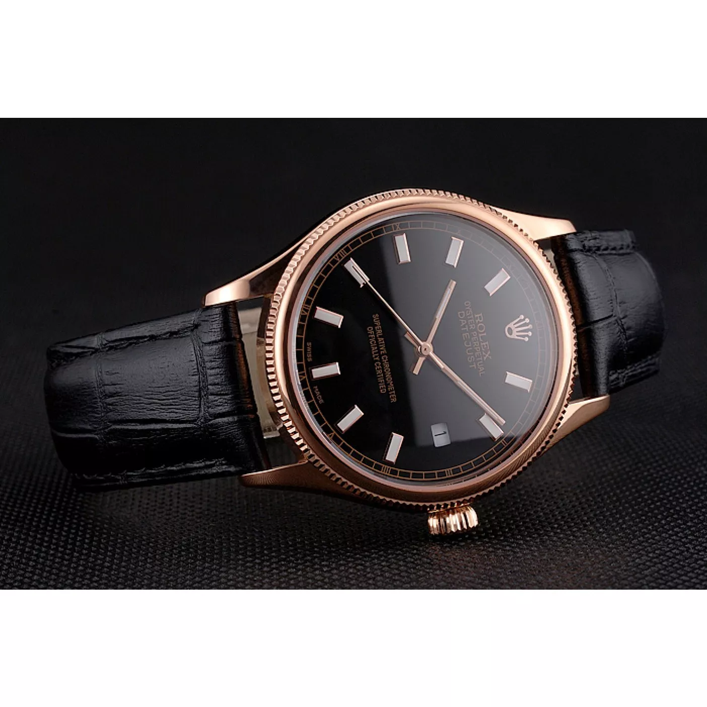 Affordable Swiss Rolex Datejust Black Dial Rose Gold Case Black Leather Strap 0115