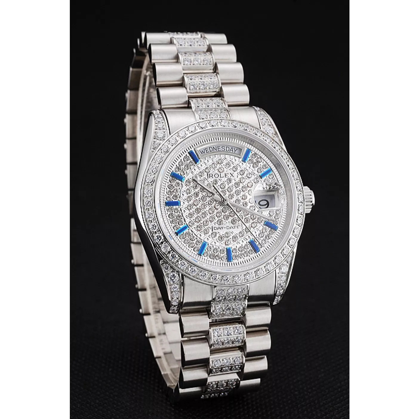 Rep Swiss Rolex Day Date Diamond Pave Dial And Bezel And Stainless Steel Bracelet 0115