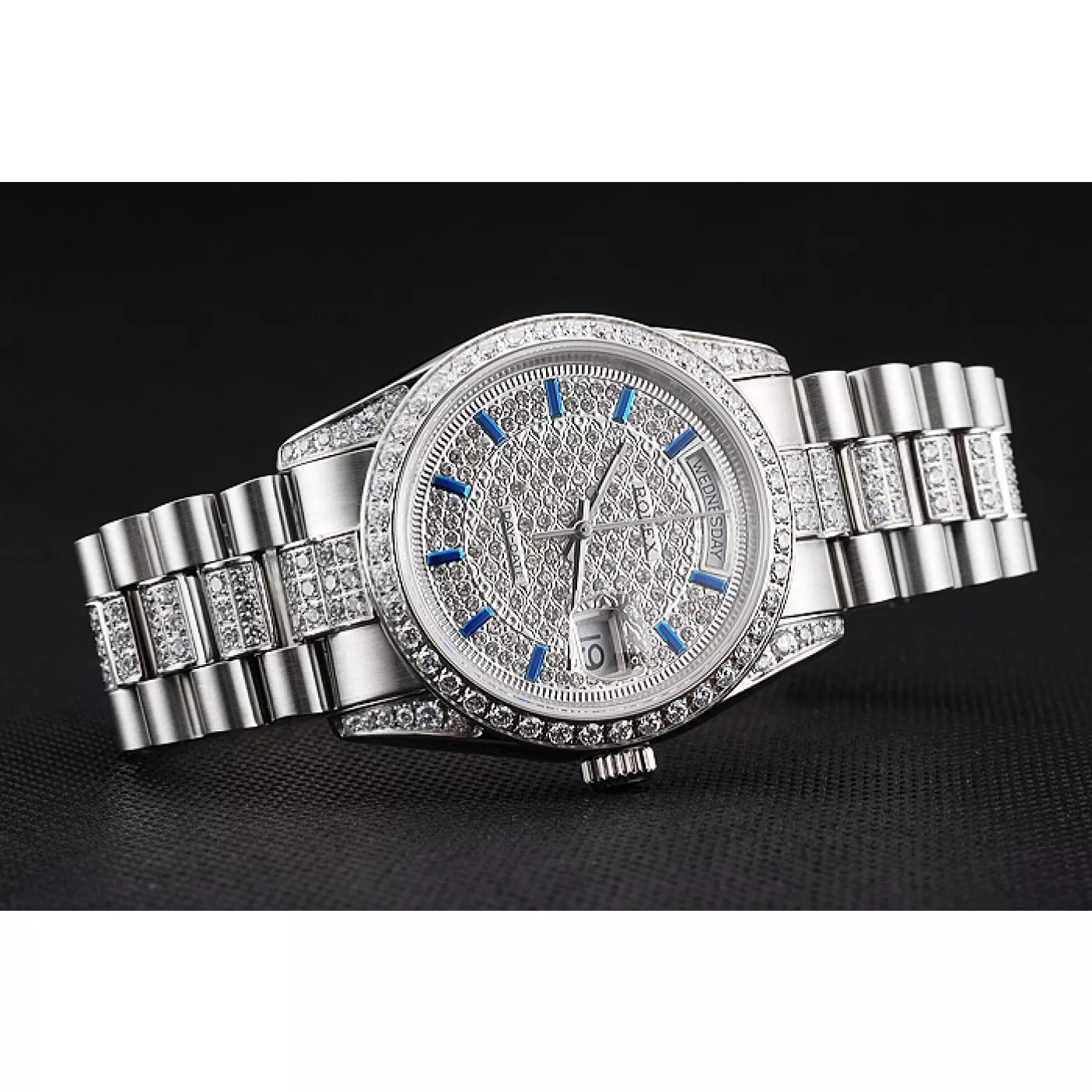 Rep Swiss Rolex Day Date Diamond Pave Dial And Bezel And Stainless Steel Bracelet 0115