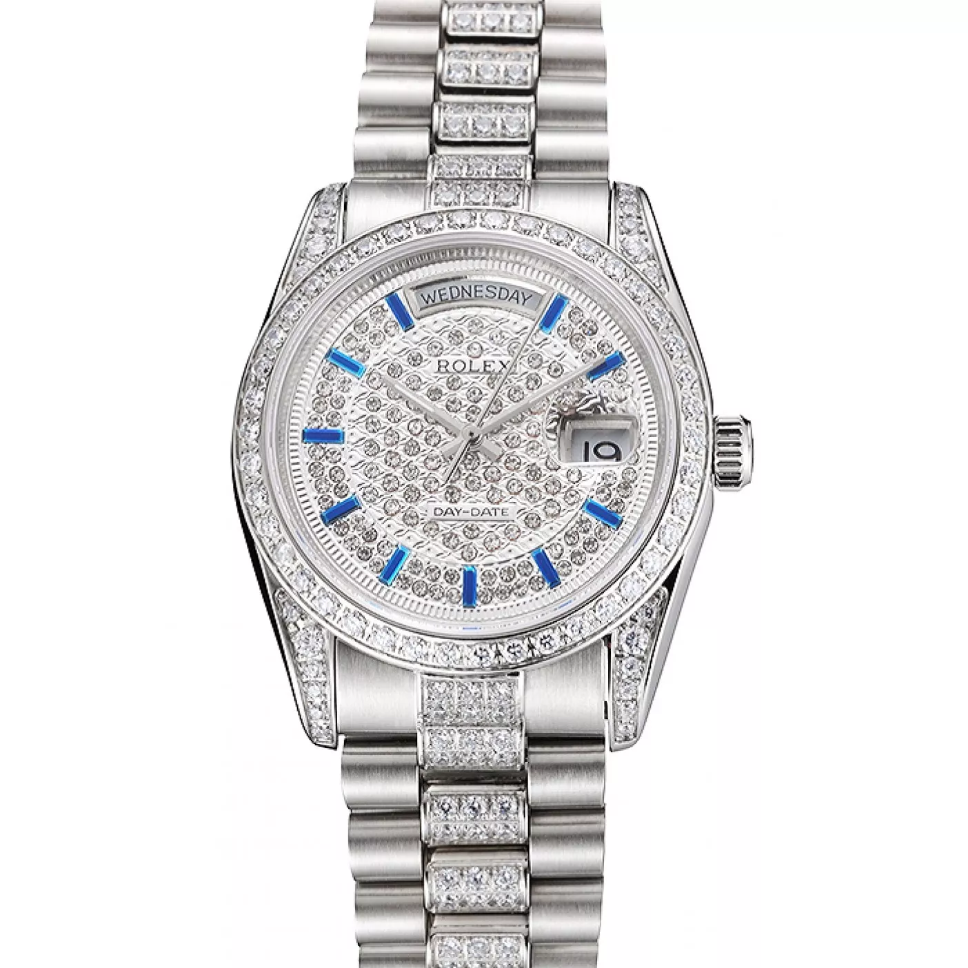 Swiss Rolex Day Date Diamond Pave Dial And Bezel And Stainless Steel Bracelet 0115