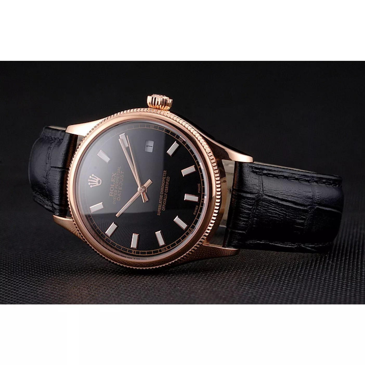 Affordable Swiss Rolex Datejust Black Dial Rose Gold Case Black Leather Strap 0115