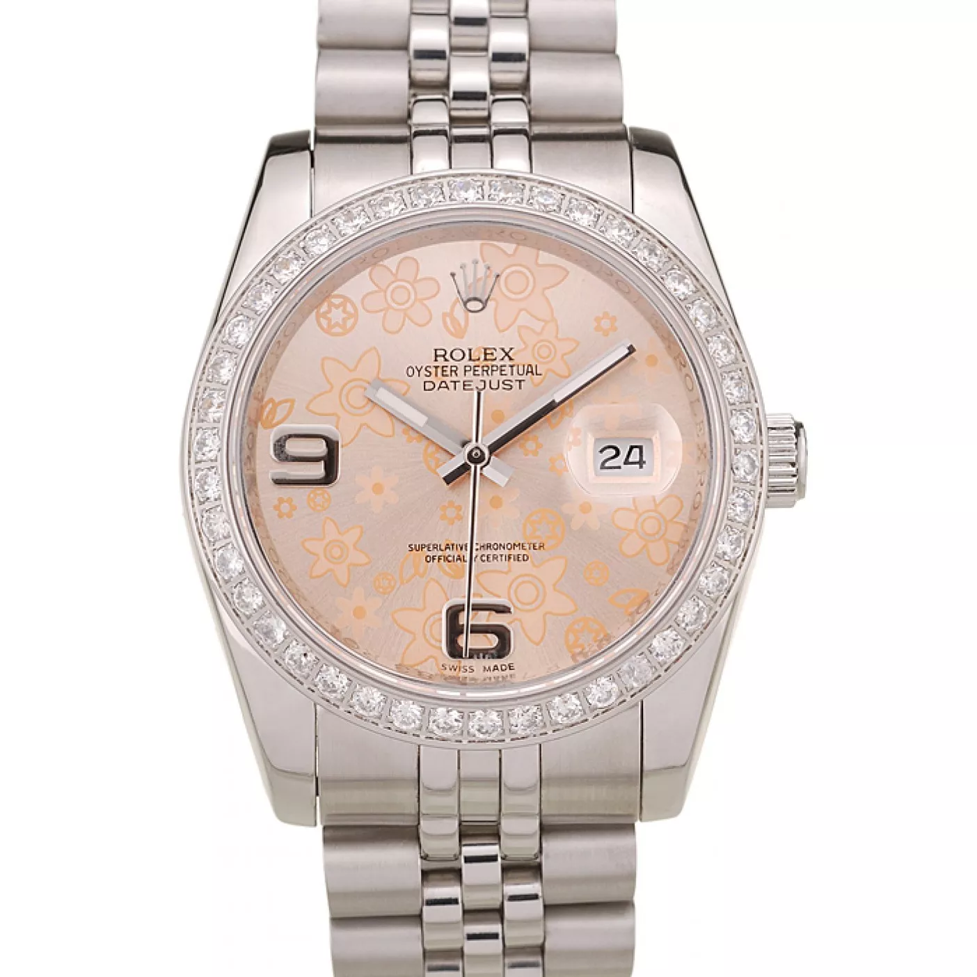 Rolex DateJust Brushed Stainless Steel Case Orange Flowers Dial Diamonds Plated 0115